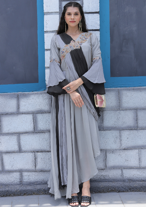 Long Pleated Tunic with Drape