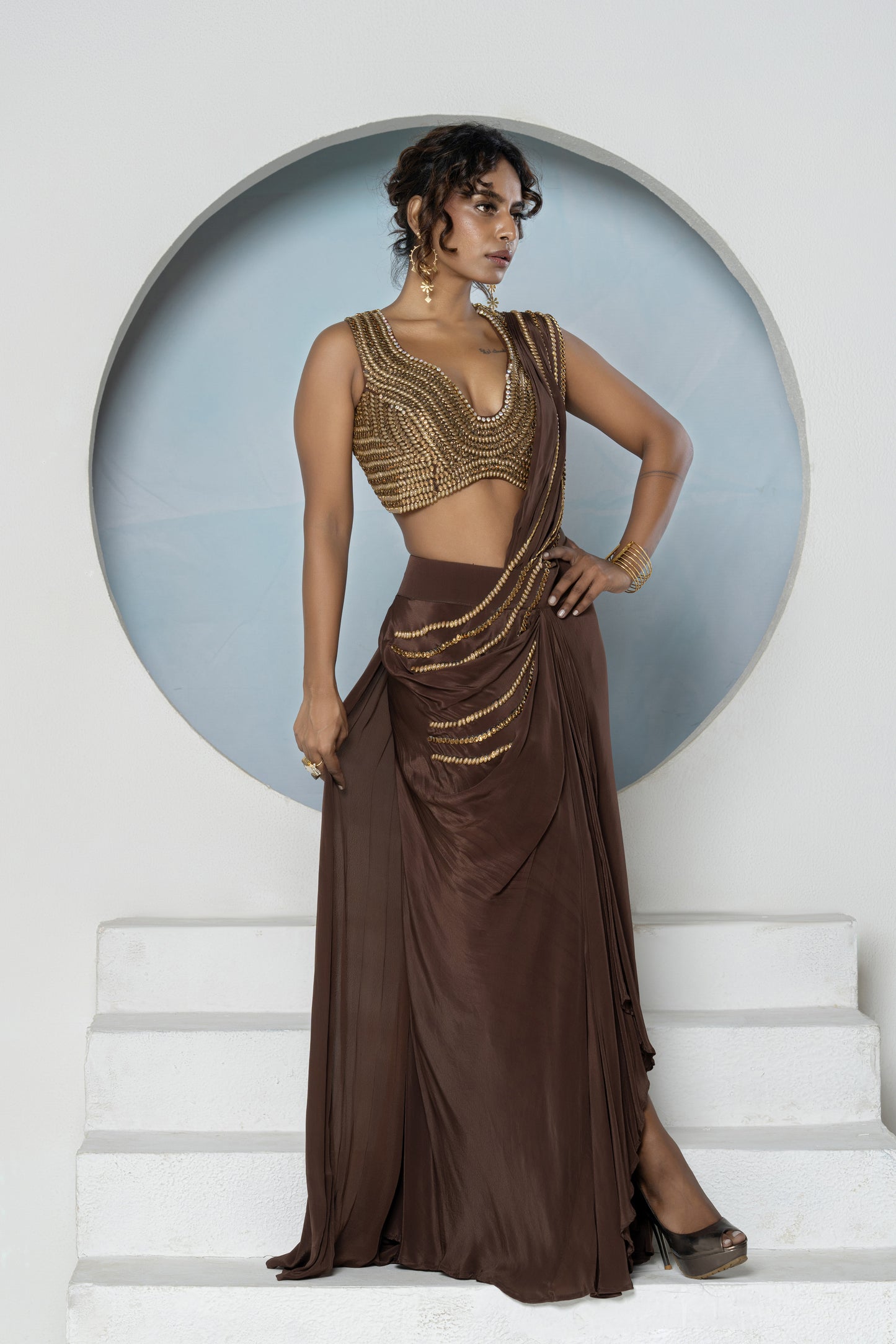 Brown Kundan Cocktail Saree