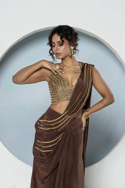 Brown Kundan Cocktail Saree